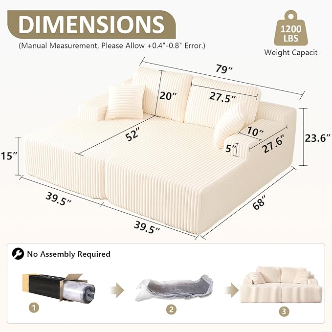 Oversized 79” Double Chaise Lounge Sofa Bed, Deep Seat Corduroy Cloud Loveseat Chair, No Assembly, Plush Upholstered Sleeper for Living Room or Bedroom (Beige)