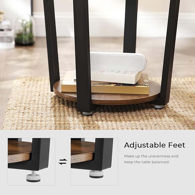 VASAGLE End Table, Round Side Table with Storage Shelf, Easy Assembly, Industrial Accent Furniture with Steel Frame, Rustic Brown and Black