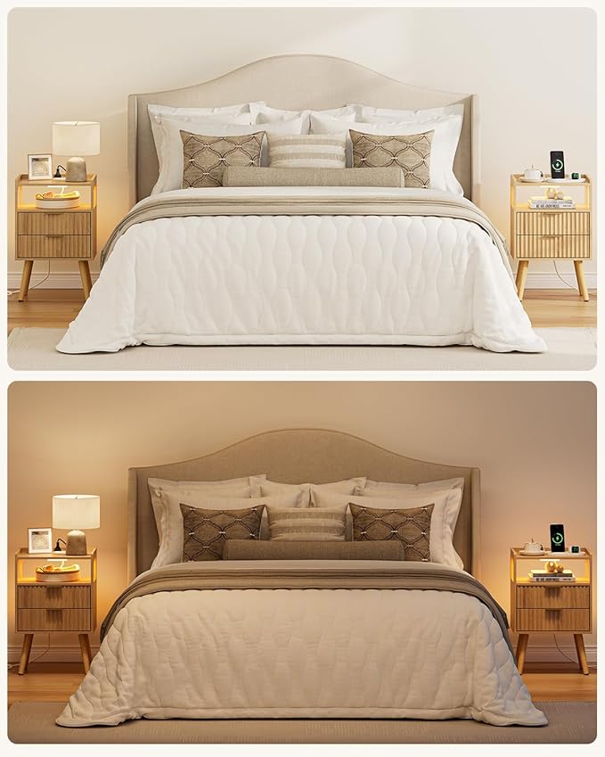 Nightstand with Charging Station and LED Lights,Modern Bedside Table with 2Drawer and Open Shelf,Oak Night Stand with Solid Wood Legs,End Table for Living Room、Bedroom and Small Spaces