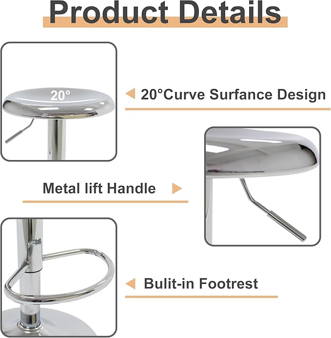 CAROLMADE Bar Stools Set of 2, Adjustable Metal Bar stools Swivel Counter Height Stool Backless Barstools for Kitchen Island Pub, Chrome