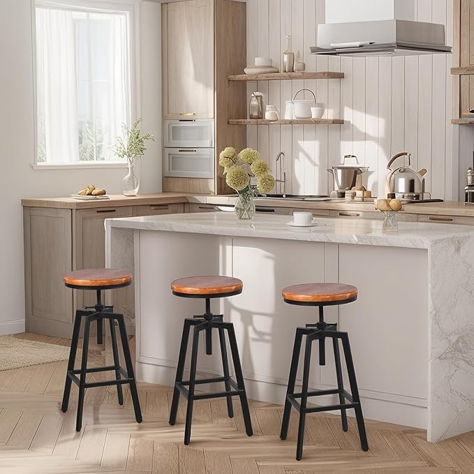 Set of 2 Vintage Bar Stools 25.6-31.5inch Height Adjustable Farmhouse Dinning Stool Swivel Wooden Seat Kitchen Island Counter Chair
