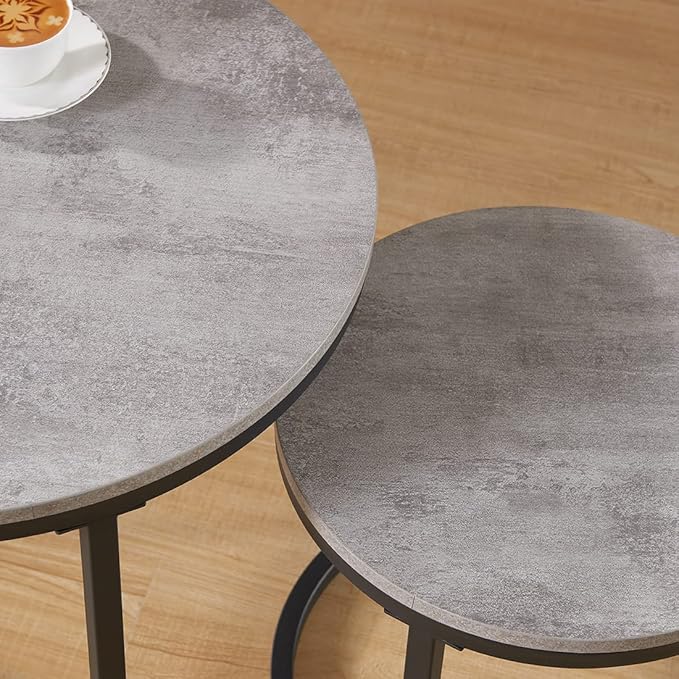 CENSI 24" Round Nesting Table, Accent Coffee Table, Grey Faux Concrete Wood Finish, Space-Saving, Modern Industrial Style