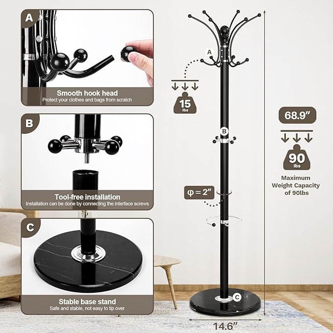 Coat Rack Freestanding with Marble Base, Heavy Duty Clothes Tree with Hooks and Umbrella Storage, Metal Hall Holder for Hanging Jacket, Hats, Scarf, Bag, Suitable for Entryway,Bedroom