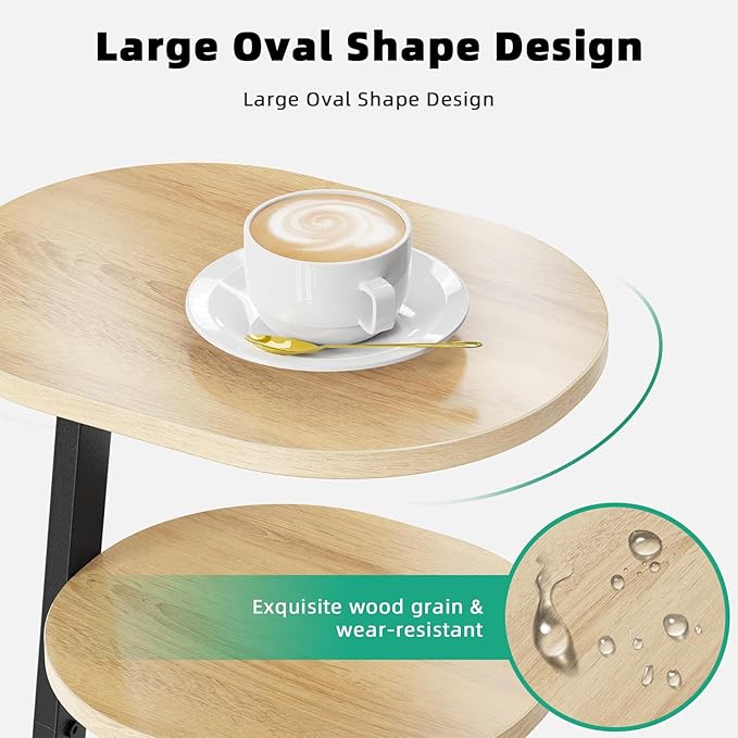 Side Table, Small End Table with Metal Frame, 3-Tier Bedside Tables, Round Side Tables for Living Room Bedroom Couch Bathroom, Oval, Modern Oak