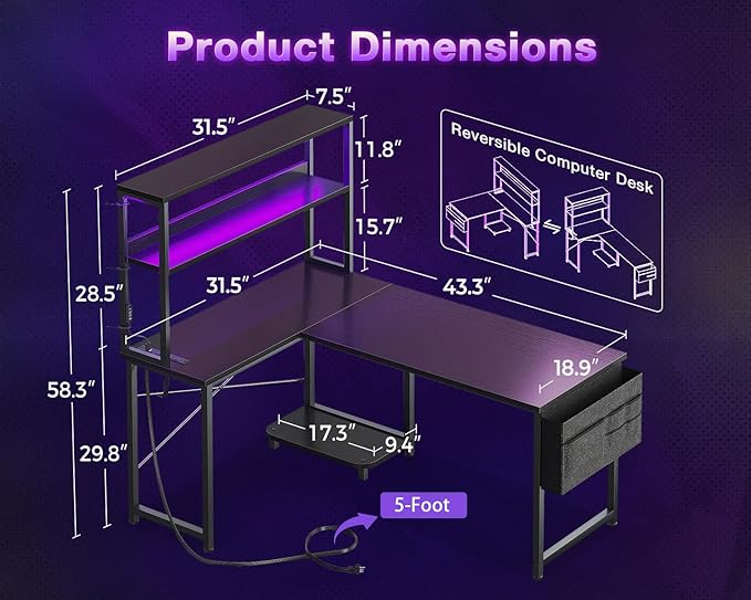 ODK 43 Inch L Shaped Desk with LED Lighting, Reversible Gaming Desk with Power Outlets, Cornor Computer Table with Storage Shelves & Bag & Iron Hook, Home Office Table for Writing, Study, Black