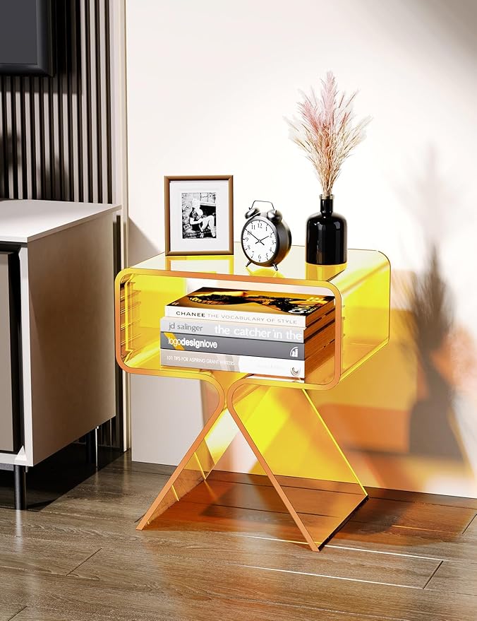 Acrylic Nightstand Side Table Modern Design Clear Home Decor Display End Table for Living Room (Yellow)