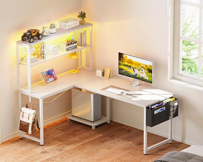 ODK 53 Inch L Shaped Desk with LED Lighting, Reversible Gaming Desk with Power Outlets, Cornor Computer Table with Storage Shelves & Bag & Iron Hook, Home Office Table for Writing, Study, White