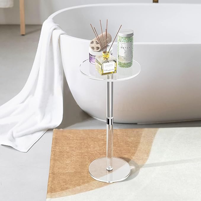 Small Drink Table,Acrylic Side Table, 10" L x 10" W x 21.3" H, End Table for The Living Room, Bedroom, Bathroom, Hallway and Balcony(Clear)