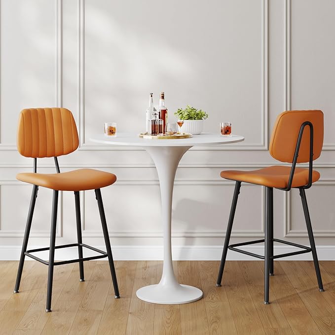 24-Inch Leather Bar Stools Set of 2, Counter Height Barstools with High Backrest，Bar Chairs for Kitchen Island with Heavy Duty Metal Legs, Brown