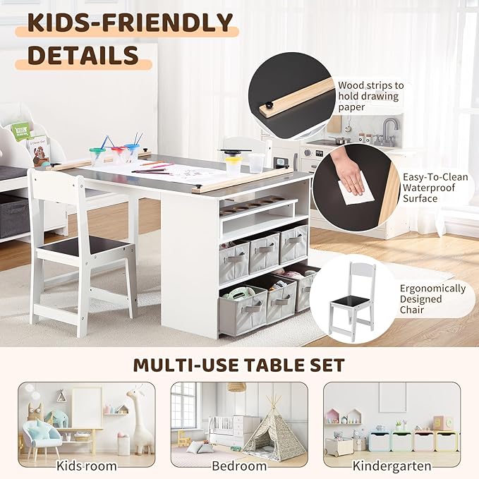 4 In 1 Kids Art Table and Chair Set,Toddler Craft Large Storage Desk with Portable Art Supply Organizer, Drawing Desk, Kids Activity and Study Table, Activity & Crafts for Children Wooden Furniture