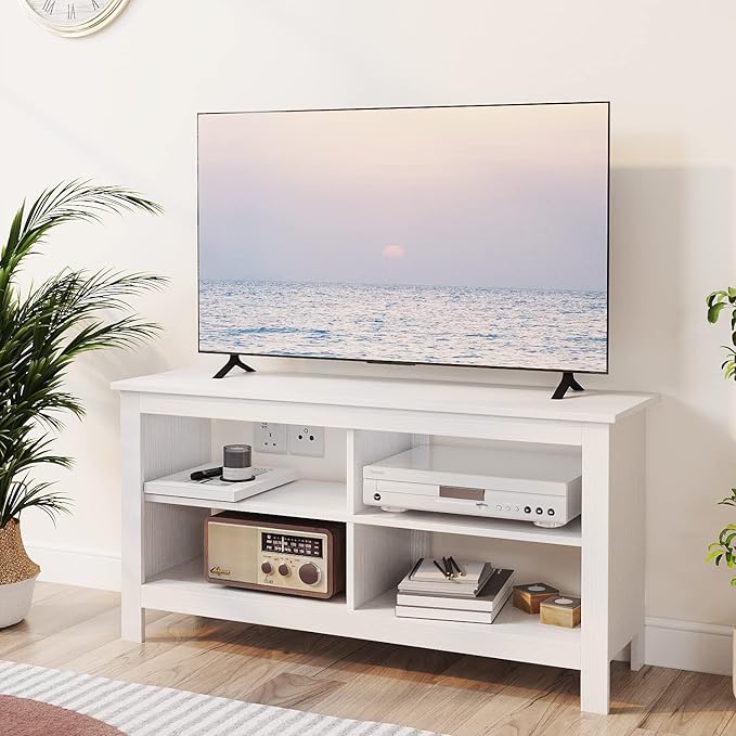 43 Inches TV Stand,Mid Century Modern Entertainment Center with 4 Open Shelves Farmhouse TV Media Console Table for Living Room,Bedroom,Television Stand up to 50 Inches(White)