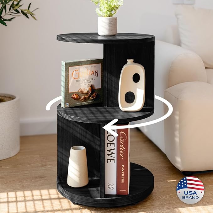 KAYMILY Living Room Side Table, Office Round Bookshelf End Table, Bedroom Mid Century Modern Nightstands, Contemporary Accent Tables - Easy Assembly - MDF Wood - Revolving - Black