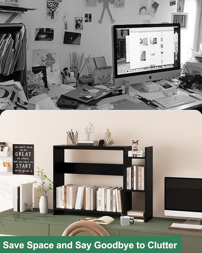 IBUYKE Desktop Bookshelf,36.8" Desktop Organizer Shelf,Wood Desk Hutch for Computer Monitor,Display Shelf for Office Home Dormitory,Black TMZ008B