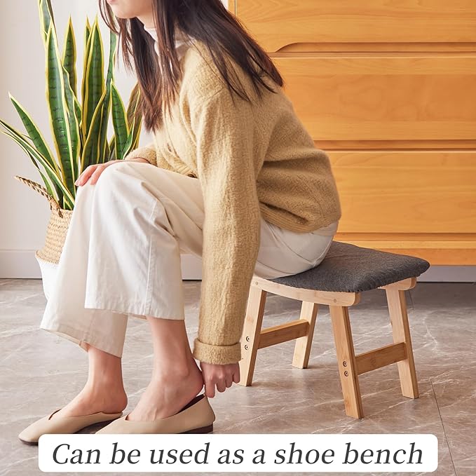 Foot Stool,Ottoman,Bamboo Small Sofa Foot Rest Under Desk,Extra Seating for Living Room, Bedroom and Kitchen (Natural Stool Legs - Gray Surface)