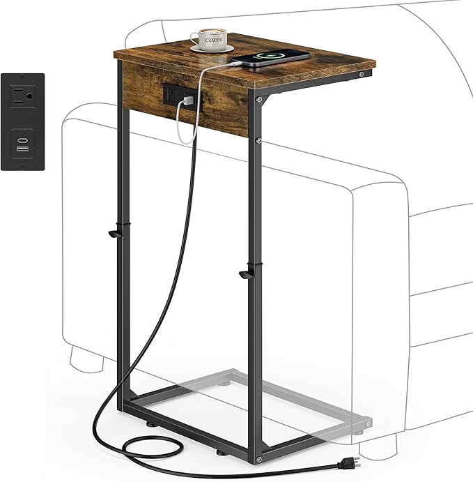 Vagusicc C Shaped End Table with Charging Station, Adjustable Height Side Table for Couch, Small Side Table, 33.2'' Tall Couch Tables That Slide Under, Tv Tray End Table for Living Room, Rustic Brown