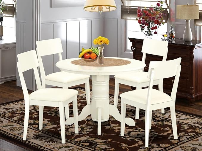 East West Furniture SHAD5-LWH-LC 5 Piece Kitchen Table & Chairs Set Includes a Round Dining Room Table with Pedestal and 4 Faux Leather Dining Room Chairs, 42x42 Inch, Linen White