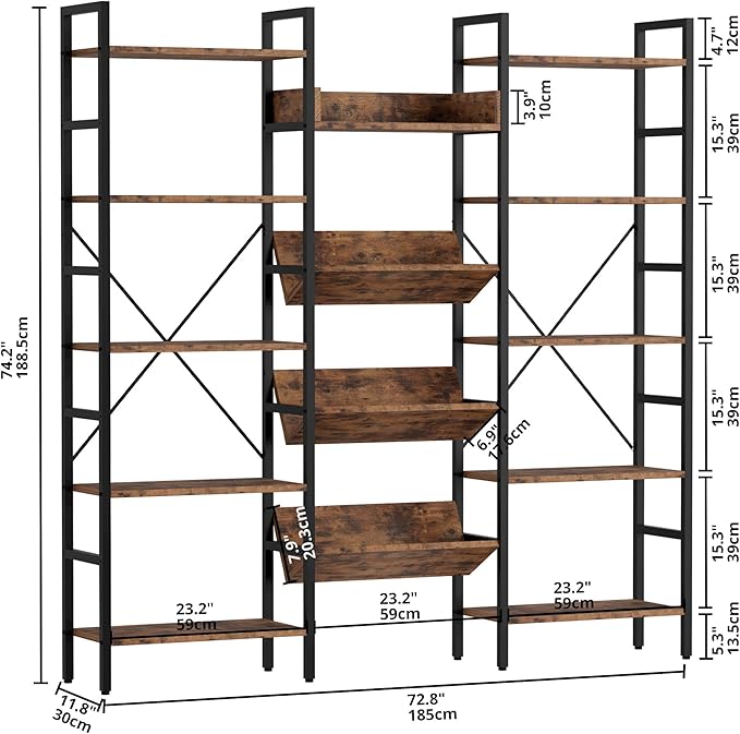 IRONCK Bookshelves and Bookcases 5 Tiers, Triple Wide Industrial Bookshelf, Large Etagere Bookshelf, Display Storage Bookshelves with Metal Frame for Living Room, Home Office