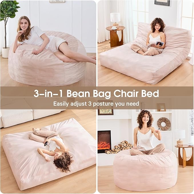 Bean Bag Chairs for Adults - Giant Bean Bag Chair Convertible Bean Bag Bed - Beanbag Chair with Micro Fiber Cover/Furniture Foam Filler - Floor Couch Sofa in Bedroom Dorm Room - Full Pink