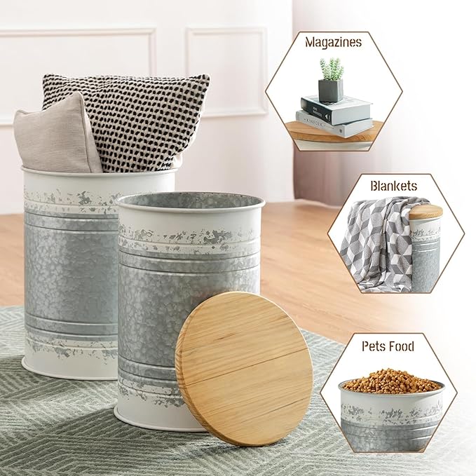 Glitzhome Farmhouse Accent Side Table, Metal Storage Stool Ottoman with Round Lid - Galvanized Coffee Cocktail End Tables Set of 2 for Living Room Bedroom, Distressed White