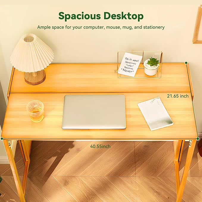 Bamboo Folding Desk Mid Century Modern Desk for Home Office Bedroom Small Spaces, Natural，40.55" Long Desktop