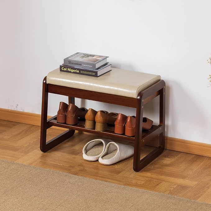 Solid Wood Shoe Bench, 2-Tier Entryway Bench with Cushion and Flip-Open Storage Box, Mid-Century Modern Shoe Bench Rack for Hallway, Mudroom(Gray, 21.65'')
