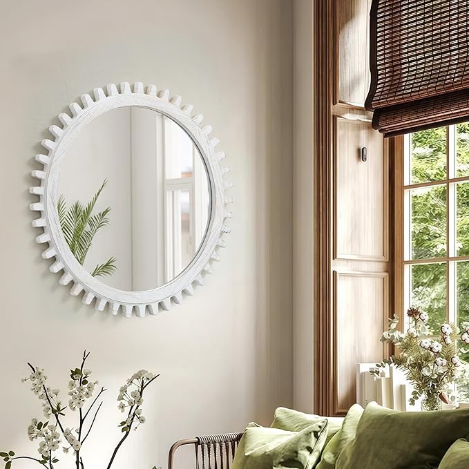 ULIKE Round Wood Mirror, 30 Inch Rustic Farmhouse Circle Mirror with Wooden Frame, Mordern Wall Decor for Bathroom Nursery Bedroom Living Room Entryway, White