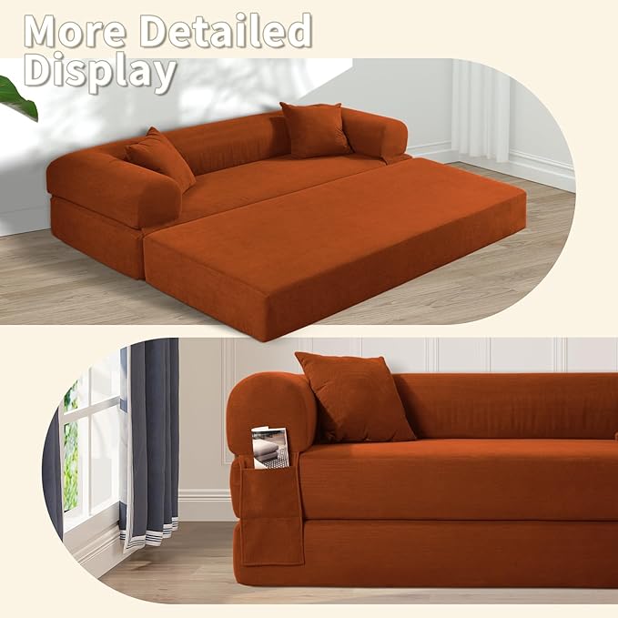 80" Convertible Sofa Bed, 3-in-1 Corduroy Folding Pull Out Couch with Pillows, No Assembly Modern Boneless Couch Compression Sofa in Box, Floor Sofa with Side Storage Pocket for Living Room, Orange