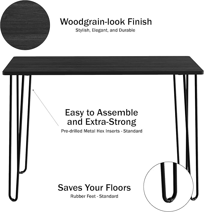 Lavish Home Desk with Hairpin Legs - Modern Industrial Style Home Decor - Woodgrain-Look and Steel Accent Home Office Furniture (Black)