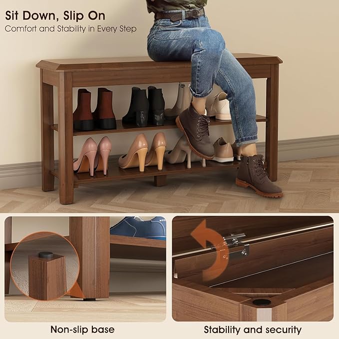 Shoe Rack for Front Door Entrance, Solid Wood Shoe Bench for Closet, Holds Up to 550lbs, Shoe Rack Bench for Entryway, Mudroom, Hallway