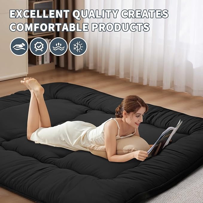 Japanese Floor Mattress,4" Thicken Japanese Floor Sleeping Pad Foldable,Futon Mattress Suitable for Camping and Guest Room (Black, Full (80" X 47"))