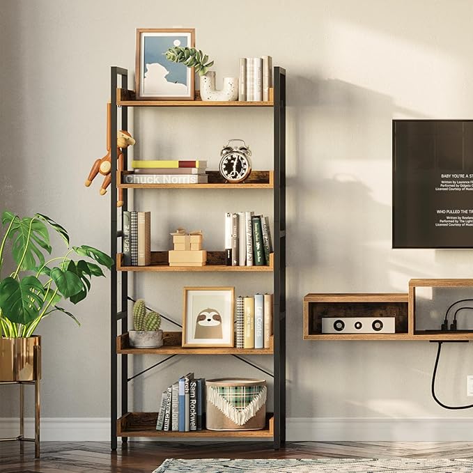 Rolanstar Bookshelf 5 Tier with 4 Hooks, Industrial Wood Bookcase, Vintage Storage Rack with Open Shelves, Rustic Standing Bookshelves Display Rack for Living Room, Bedroom, Rustic Brown