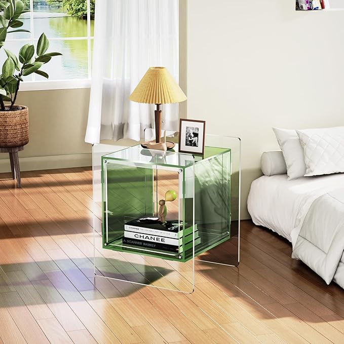 Acrylic Nightstand, Bedside Table for Bedroom, Side Table, Record Player Stand, 18'' x 15.7'' x 21.6'', Green