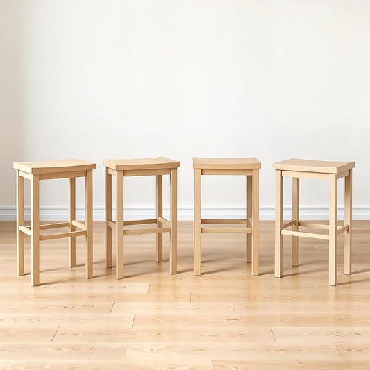Grain & Grove Smith Collection Set of 4 Solid Wood Bar Stools, 30 inch Saddle-Seat Bar Chairs, Backless, Heavy-Duty Construction, Footrest Support, for Kitchen Islands, Home Bars, and Counters, Blonde