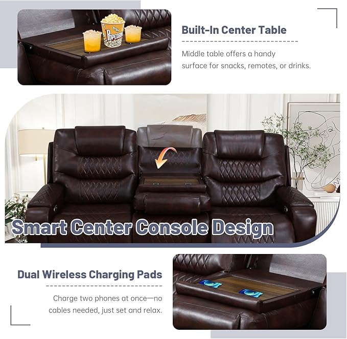 PU Leather Power Wall Hugger Chair Double Reclining Sectional Sofa 3-Seater Loveseat Couch with Reversible Coffee Table, Wireless Chargers, USB Port and Ambient LED Light for Living Room RV Theater