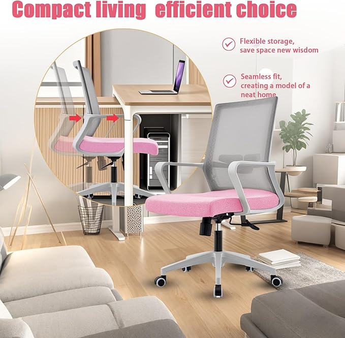 Office Chair ergonomically Designed with Breathable mesh backrest and Lumbar Support Adjustable Height Suitable for Offices Homes bedrooms Study Rooms Pink