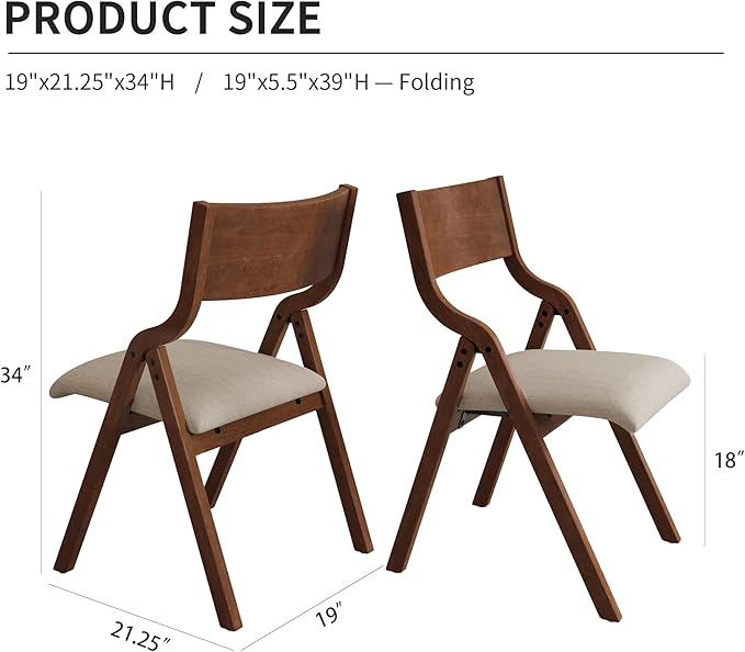 Folding Dining Chairs Set of 2, Upholstered Kitchen Chair with Padded Seat & Wood Backrest, Modern Side-Chair with Wood Legs for Home Office Living Room,No Assembly Needed,Walnut