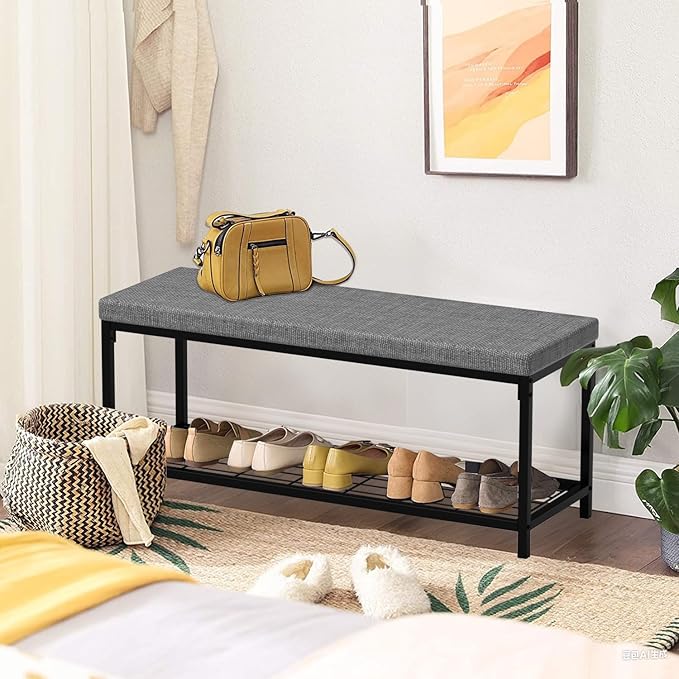 Shoe Bench, Entryway Bench with Cushion Seat, Shoe Rack Bench with Storage, Modern Style, Holds Up to 350 lb, for Living Room, Bedroom, Hallway, Grey