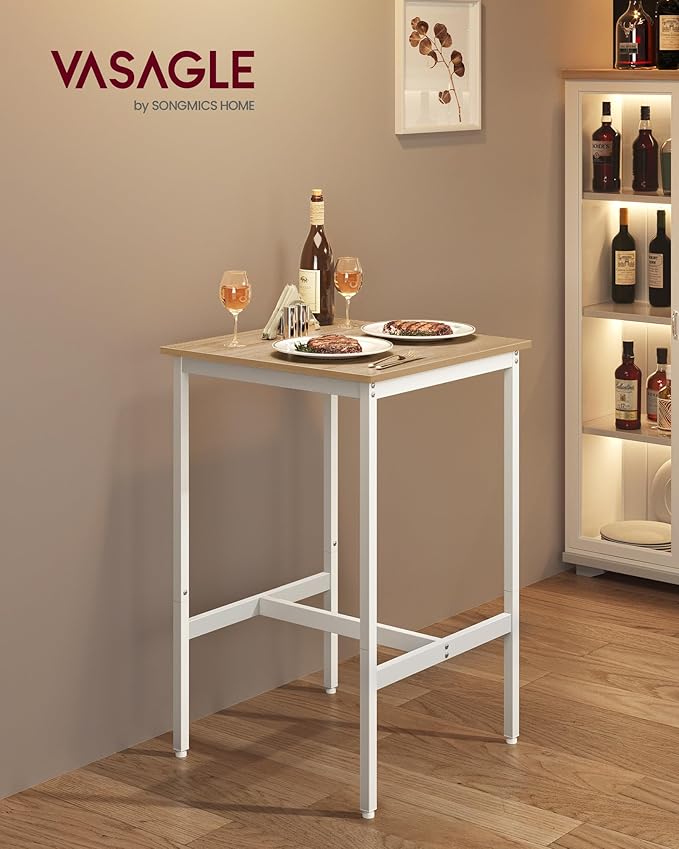 VASAGLE Bar Table, Small Kitchen Dining Table, High Top Pub Table, Height Cocktail Table for Living Room Party, Sturdy Metal Frame, 23.6 x 23.6 x 36.2 Inches for Narrow Spaces, Oak Beige and White