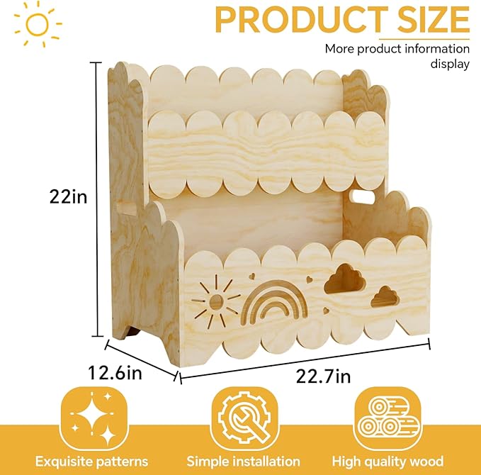 Wood 2-Tier kids bookshelf, Montessori Bookshelf, Suitable Kids Rooms, Nursery & Classroom, kids bookshelf and Toy Storage, Toddler Book Rack, Nursery Book Shelves