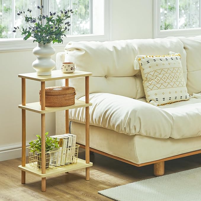 IBUYKE 3-Tier Side Table, Solid Wood Tall End Table with Storage Shelves, Nightstand Bedside Table for Living Room Bedroom Office, No-Tool Assembly, Light Natural UWST003S