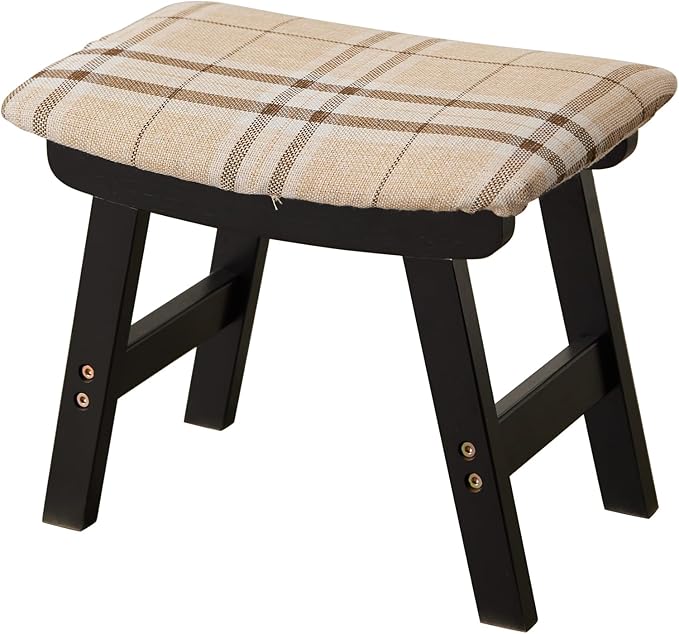 Foot Stool,Ottoman,Bamboo Small Sofa Foot Rest Under Desk,Extra Seating for Living Room, Bedroom and Kitchen (Black Stool Legs - Stripes Surface)