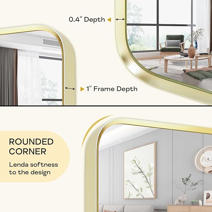 Wall Mount Mirror for Bathroom, Large Brushed Gold Metal Framed Rounded Corner Rectangular Vanity Mirror, Tempered Glass, Anti-Rust, Hangs Horizontally or Vertically (28" x 60", Gold)