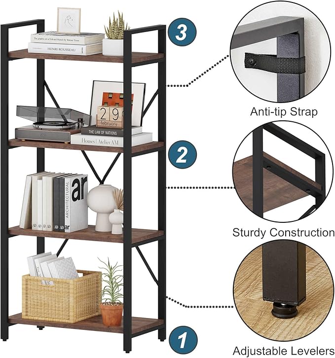 BON AUGURE Industrial 4 Tier Bookshelf, Modern Open Etagere Bookcase, Wood Metal Vintage Shelving Unit for Office Bedroom and Living Room, Heavy Duty Book Shelf (Rustic Oak)