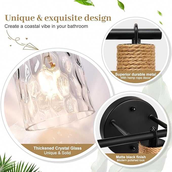 2025 Upgrade Bathroom Light Fixtures, 3-Light Coastal Vanity Lights with Crystal Glass Shade, Black Bathroom Wall Lamp for Mirror Kitchen Hallway Cabinet