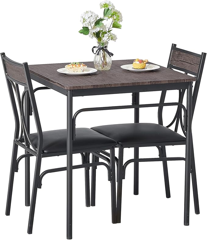 VECELO Kitchen Dining Room Table Set with 2 Chairs for Small Space, Apartment,Metal Steel Frame
