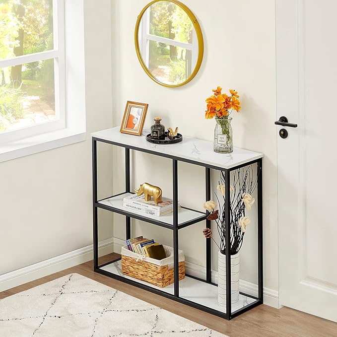 WOHOMO Console Table, 12 Inch Narrow Entryway Table for Living Room, 31.5 Inch Modern Industrial Sofa Table with 3-Tier Storage Shelves for Corridor, Hallway, White Marble