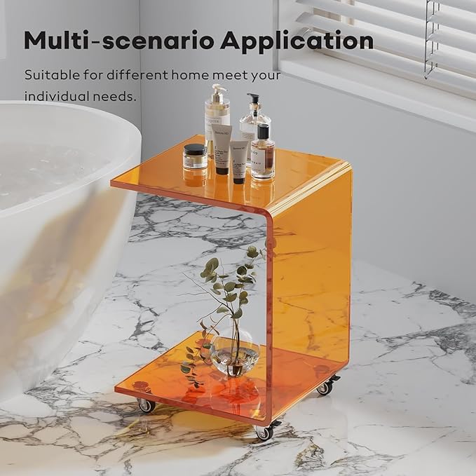 Modern C-Shaped End Table, Small Side Table, Acrylic Nightstand with Storage and Lockable Wheels for Living Room, Bedroom, Office, Bedside, Couch, and Sofa,13.38" D x 14.17" W x 21.65" H