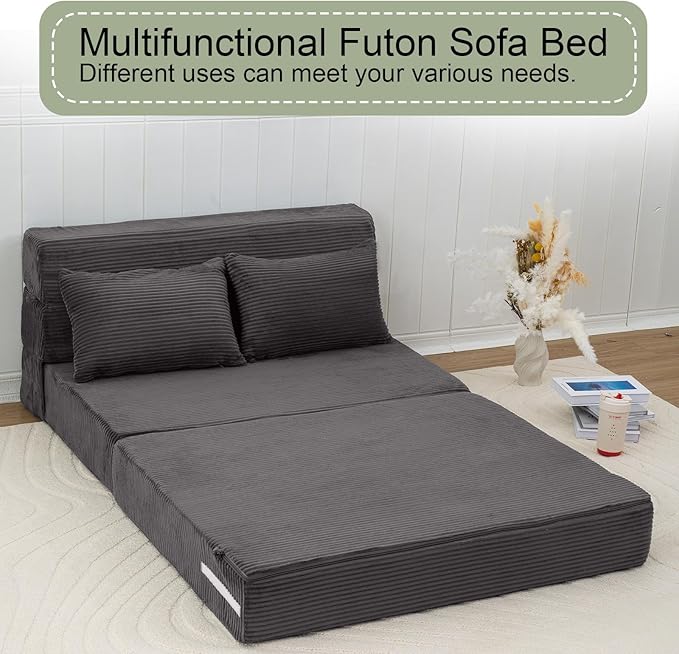 MeMoreCool Boneless Folding Sofa Bed, Corduroy Convertible Sleeper Chair, Foldable Foam Mattress Chair, Comfy Fold‑Out Futon Couch Bed, Large Floor Sofa Couch for Living‑Room Guest