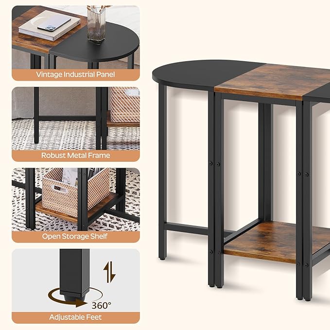 Small Side End Table, Nesting Side Table for Living Room, 2-Tier Nesting Side Table for Small Space, Wooden Sofe Tables Set of 3, Half Round End Table for Couch, Office, Brown and Black ET33BR