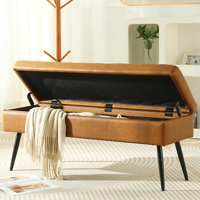 CUYOCA Storage Ottoman Bench, 43.5" Faux Leather Upholstered Entryway Bench, Long Ottoman with Storage for Living Room, Support 660lbs - Cognac Brown
